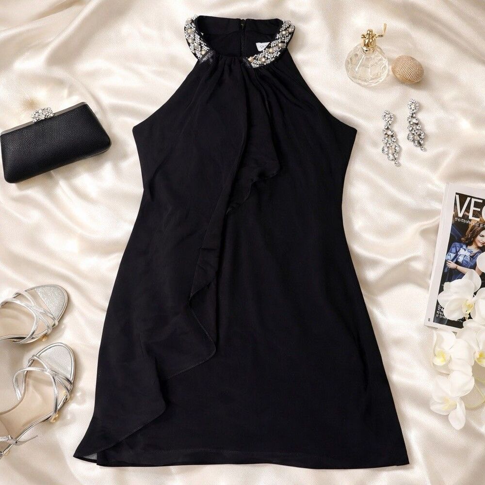 Cache Black Cocktail Dress Pearl Embellished Mini Fitted Party Evening Size 2